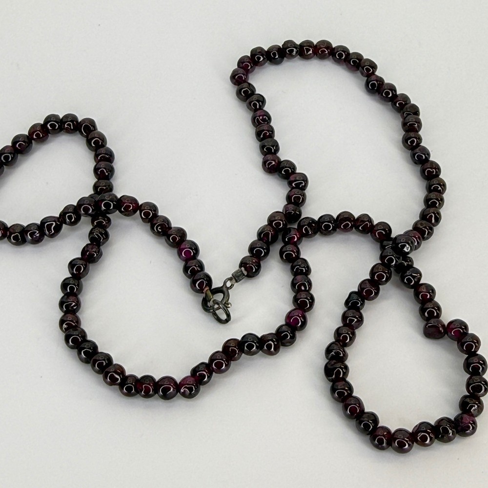 Vintage Round Garnet Bead Strand Necklace Sterling Silver Dark Red Burgundy