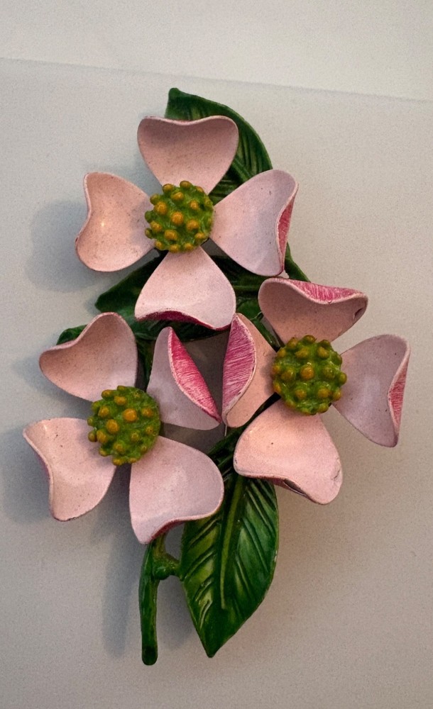 Vintage Pink and Green Enamel Dogwood Flower Brooch