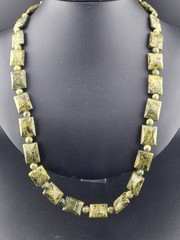 Rare Vintage Chunky Russian Serpentine Green Carved Stone Beads 25″ Necklace
