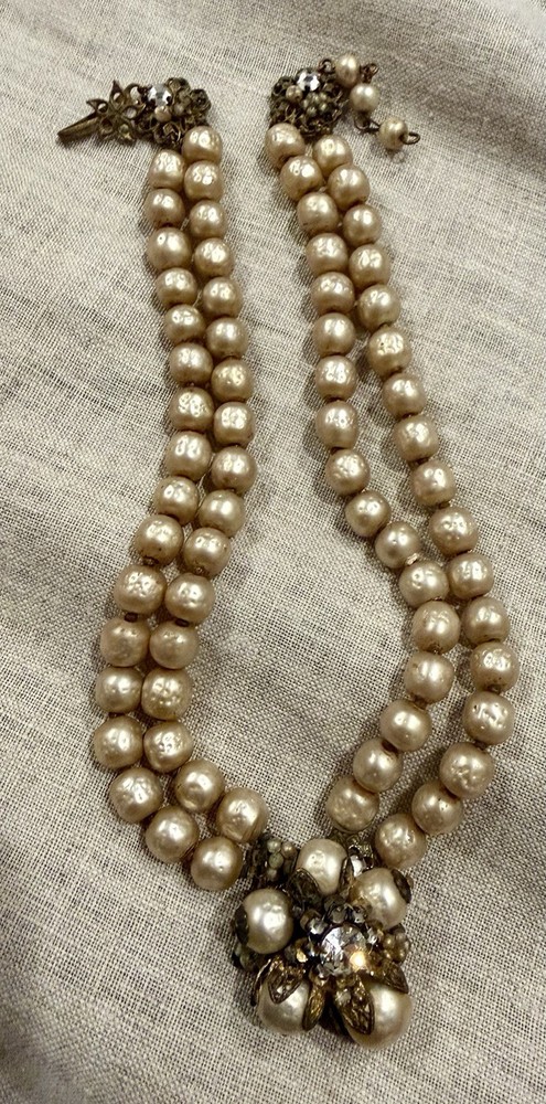Vtg DeMARIO NY Faux Pearl Rhinestone Double Strand Choker Necklace 13.5-14.5”