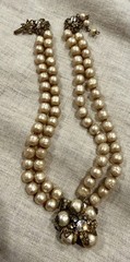 Vtg DeMARIO NY Faux Pearl Rhinestone Double Strand Choker Necklace 13.5-14.5”
