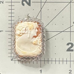 Antique Edwardian 1900s solid 14kt white gold carved shell cameo brooch pendant
