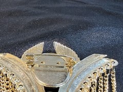 VTG Egyptian Revival Rhinestone & Pearl Statement Brooch Gold Tone Chains 3.5 In