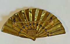 Vintage Miriam Haskell Faux Baroque Pearl Etched Design Gold Tone Fan Brooch Pin