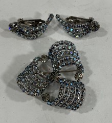 Aurora Borealis Ribbon Rhinestone Brooch Clip Earrings Set Unsigned Silver Tone