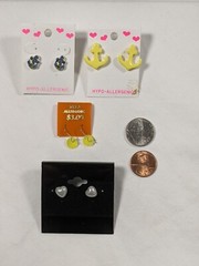 Lot 4 Small Earrings Children Teens Anchors Hearts Vintage New Old Stock NOS