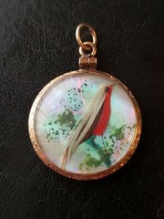 Victorian Era Double Sided Bird Feather on MOP Scene Pendant Gold Filled Frame