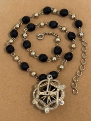 Vintage Coro Black Faceted Glass Bead Rhinestone Pendant Necklace Signed