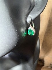 Vintage FAS 925 Sterling Silver Pear Cut Green Emerald CZ Leverback Earrings