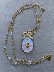 Vintage Kirks Folly Moonglow Portrait Pendant, AB Crystal Necklace, 32″, Retired