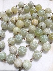 VINTAGE CARVED CALEDON JADE SCARAB PENDANT BEAD NECKLACE SET OOAK HUGE XLONG WOW