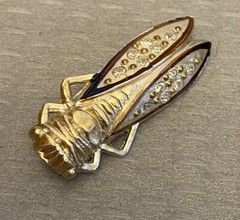 Vintage French Plastic Rhinestone Lucky Cicada Brooch Gold Painted Insect 1.5″