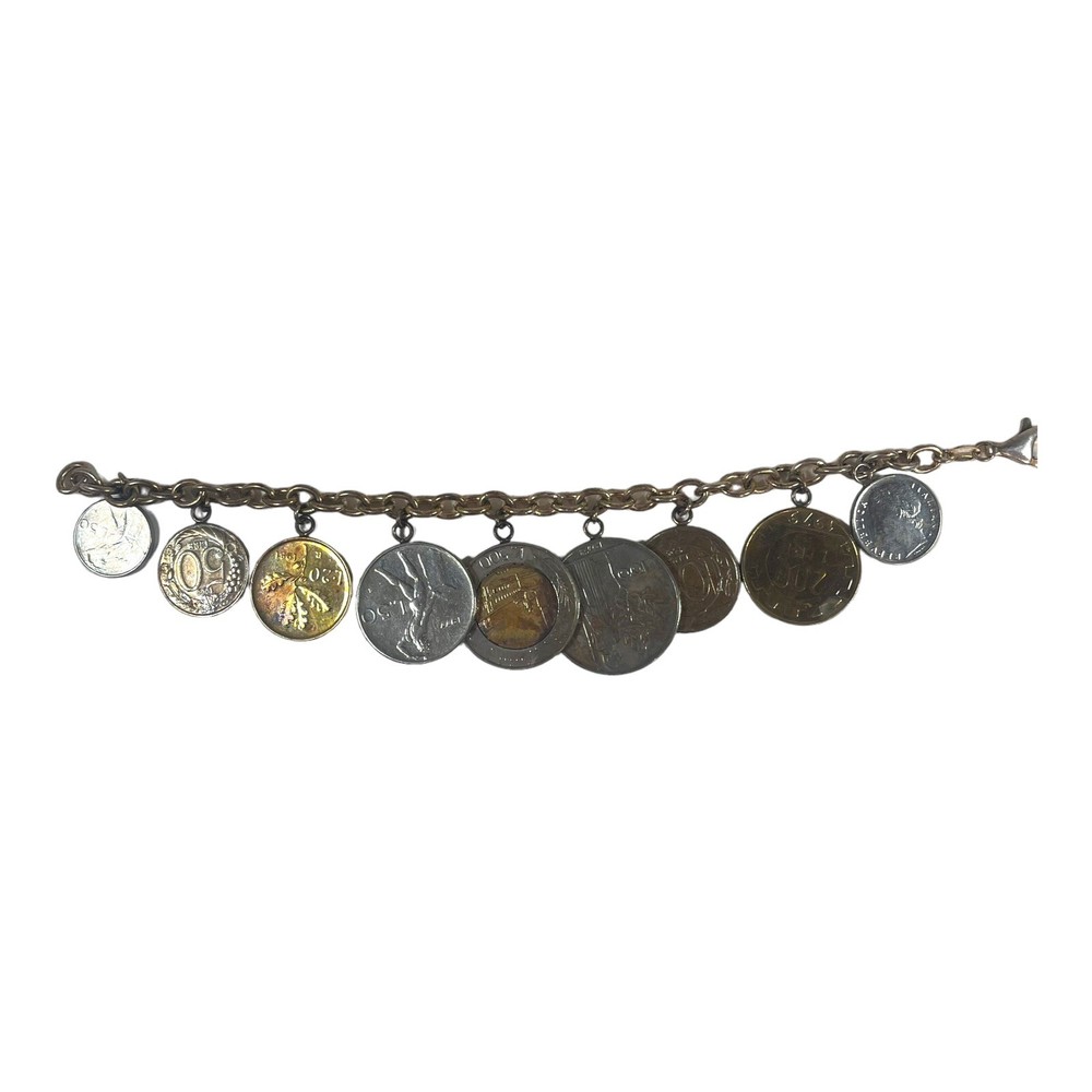 Vintage Milor Sterling Coin Charm Bracelet 8” 1970s 1990s Republic Italia Italy