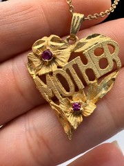 Vtg. MOTHER Heart Pendant Necklace Gold Tone Pink Rhinestones 17in Mother’s Gift