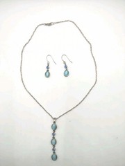 Silver Tone Necklace pierced Earrings blue Iridescent Stones Fashion Jewelry
