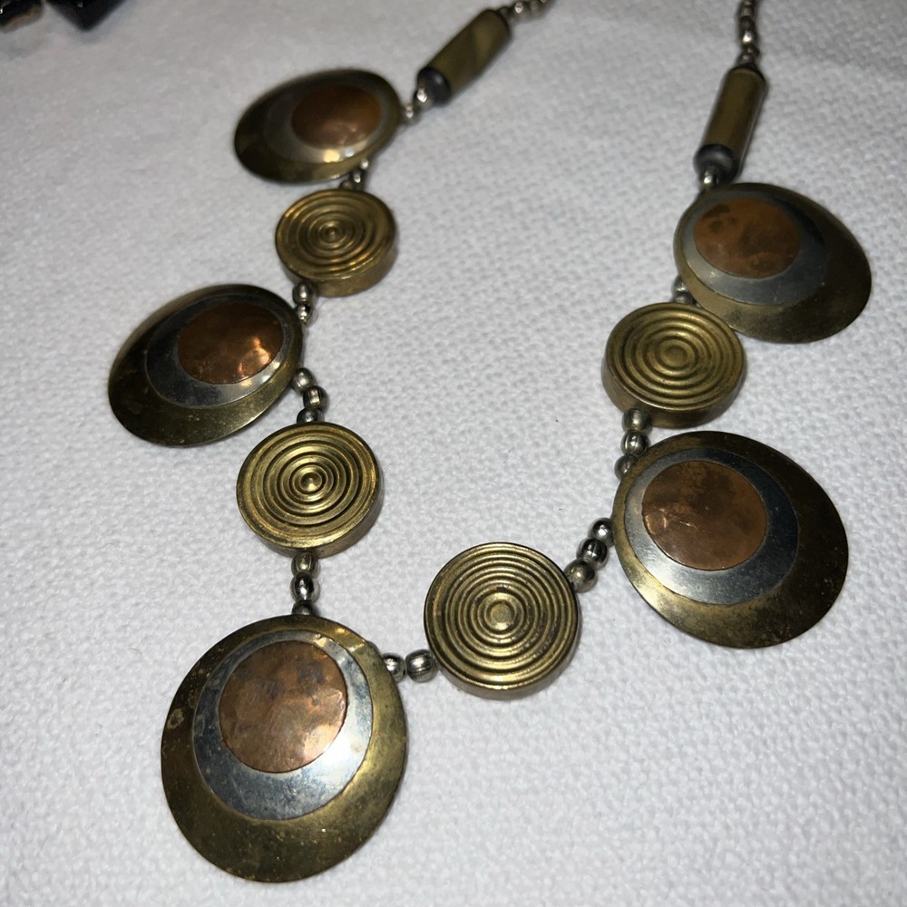 VTG Modernist Mixed Metal Necklace Brass Copper Disc Statement MCM 21”
