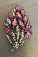 Weiss Signed Vintage AB Hot Pink Marquise Rhinestone Spray Brooch Silvertone 3″