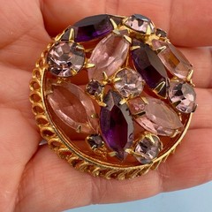 Vintage Rhinestone Brooch Round Pink Purple Marquise Stones Open Back Gold Tone