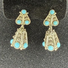 Vintage Turquoise Silver Tone Dangle Bell Heart Clip On Earrings