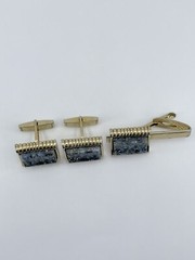 Cufflinks and Tie Clip Set concave glass rectangle gold tone