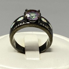 Mystic Topaz Band Ring Black Metal Wide Rainbow Purple Green Stone Fire Opal 7
