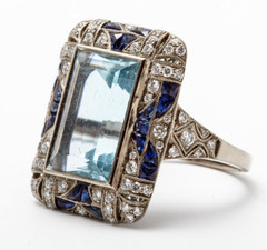 Classic 20TH Century Filigree Style Old Mine Cut Aquamarine, Sapphire & CZ Ring