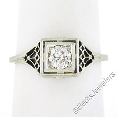 Antique Art Deco Belais 18K Gold Old European Diamond Squared Filigree Work Ring
