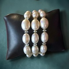 Faux Pearl Bracelet Memory Wire Crystal Multi Strand Wrap Cuff Vintage