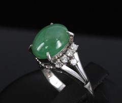 Fine 2.45ct Natural Jadeite Jade & 0.24ct Diamond Platinum Ring, Size 6