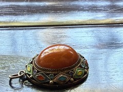 Vintage Chinese Export Enamel Filigree Pendant w/ Rich Orange Butterscotch Amber