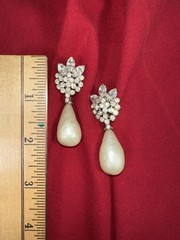 Elegant Large Vintage Rhinestone Inset Dangle Faux Pearl Drop Earrings