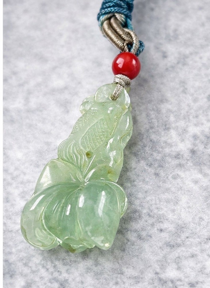 Certified Grade A Burma Jadeite Pendant with Lotus Leaf and Fish Design