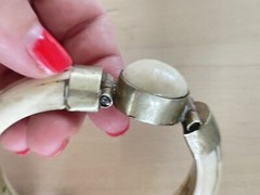 Vintage Inlaid Bone Tribal Hinged Bangle Bracelet Boho Bohemian Jewelry 7 in