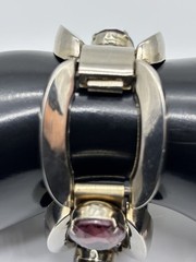 Vintage Modernist-Style Chunky Bracelet Silver-Tone Oval Prong-Set Purple Stones