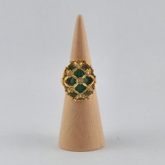Vintage Green Glass Dome Ring Gold Tone Rhinestone Lattice Cocktail