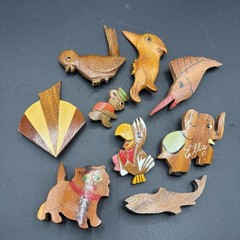 VTG Wooden Handmade Carved Animal Brooches Birds Cat Elephant Lot Of 9