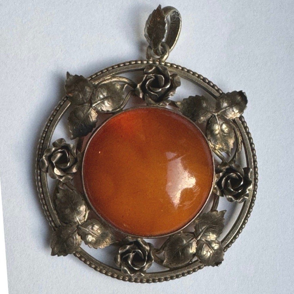 Antique Egg Yolk Amber Pendant Rose European 800 Silver Victorian Pendant