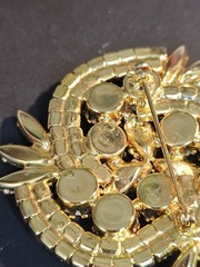 Vintage Rhinestone Brooch Prong Set Gray Black Clear Gold tone Stunning Sparkle