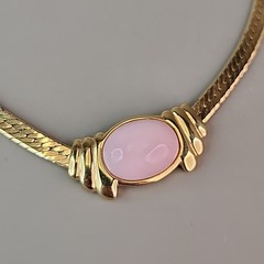 Vintage Trifari Necklace Pink Pendant Gold Tone Herringbone Chain 16.5″