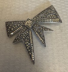 Vintage Judith Jack Sterling Silver Marcasite Bow Brooch Art Deco Revival Big 3″