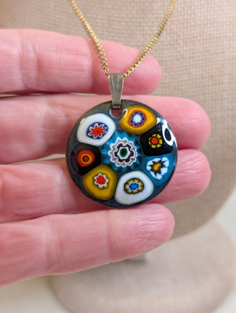 Copper Enamel Pendant Necklace Millefiori Vintage 15″ Chain