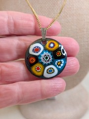 Copper Enamel Pendant Necklace Millefiori Vintage 15″ Chain