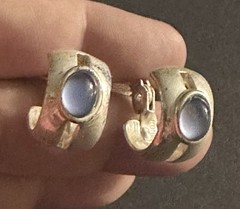Vintage Silver Half Hoop Blue Moonstone Monet Clip-On Earrings Huggie Cuff