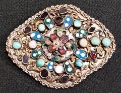 Antique 1890’s Austro Hungarian Almandine Garnet, Enamel, Turquoise Pearl Brooch