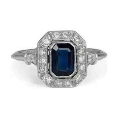 Art Deco Style 1.50Ct Lab-Created Blue Sapphire Halo Ring 14k White Gold Finish