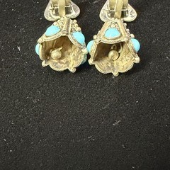 Vintage Turquoise Silver Tone Dangle Bell Heart Clip On Earrings
