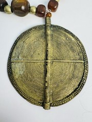 Vintage Brass Pendant Necklace Large Tribal Style Medallion Wood Metal Beads 30″