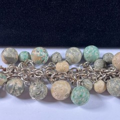 Vintage Multi-Chain Beaded Charm Bracelet Green Tan Swirl Resin Ball Beads 8″