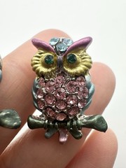 Silver Tone Rhinestone Owl Pin Set