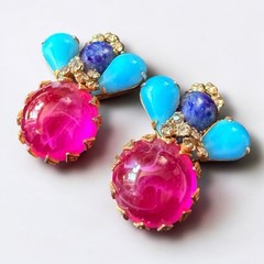 Scaasi Earrings Signed Poured Glass Clip On Pink Turquoise Vintage Statement